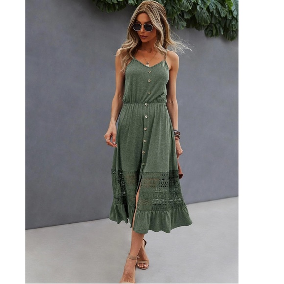 Green Midi Dress Fit and Flared Button Front Lace Detail Cami Top - Picture 4 of 8